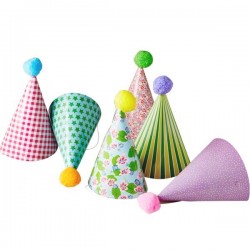 rice set anniversaire: 6 chapeaux pointus en papier décoré et pompom