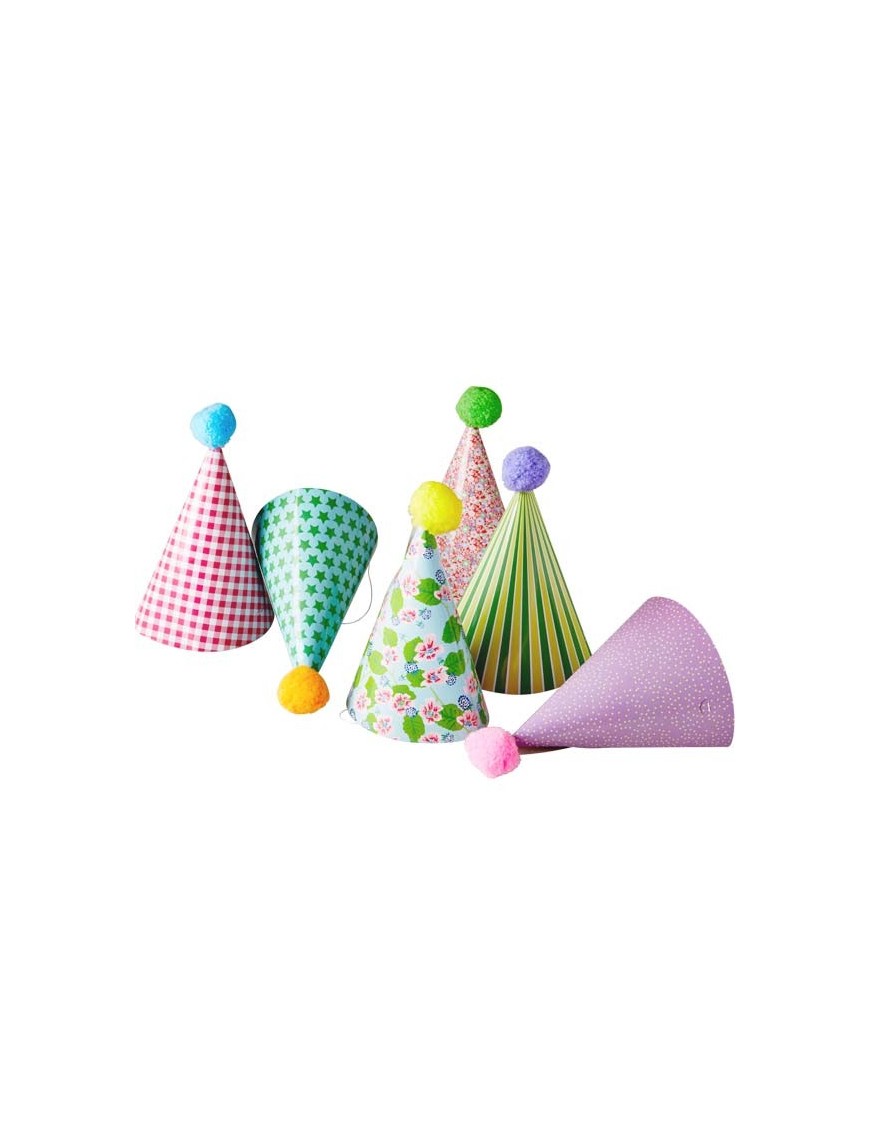 RICE - 6 Kids Paper Party Hat with Pompom