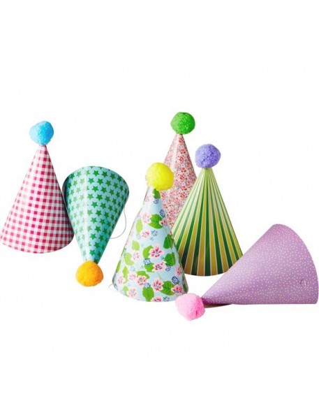 RICE - 6 Kids Paper Party Hat with Pompom