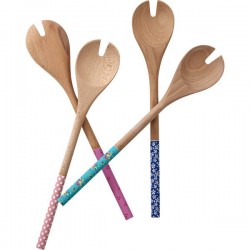 RICE - Wooden Slotted Salad Spoon with Printed Handle in 4 Assorted Designs