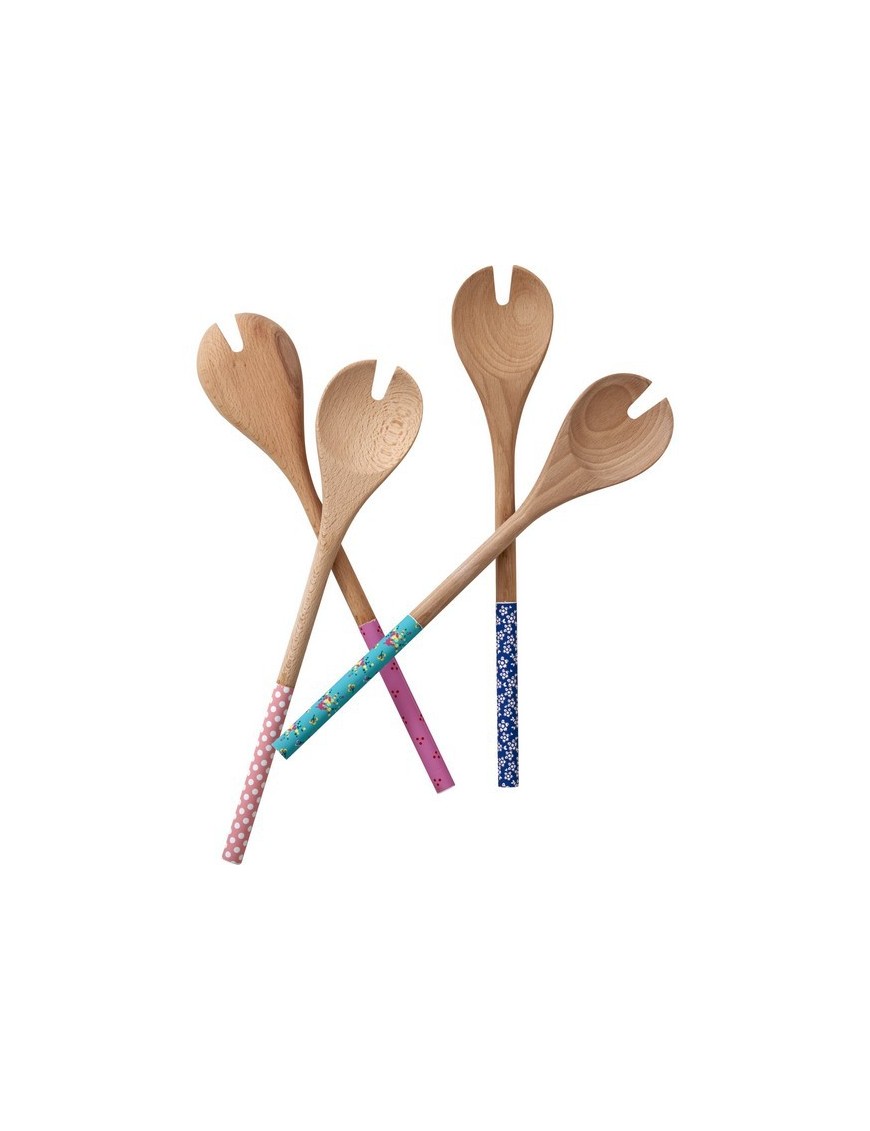 RICE - Wooden Slotted Salad Spoon with Printed Handle in 4 Assorted Designs