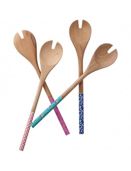 RICE - Wooden Slotted Salad Spoon with Printed Handle in 4 Assorted Designs