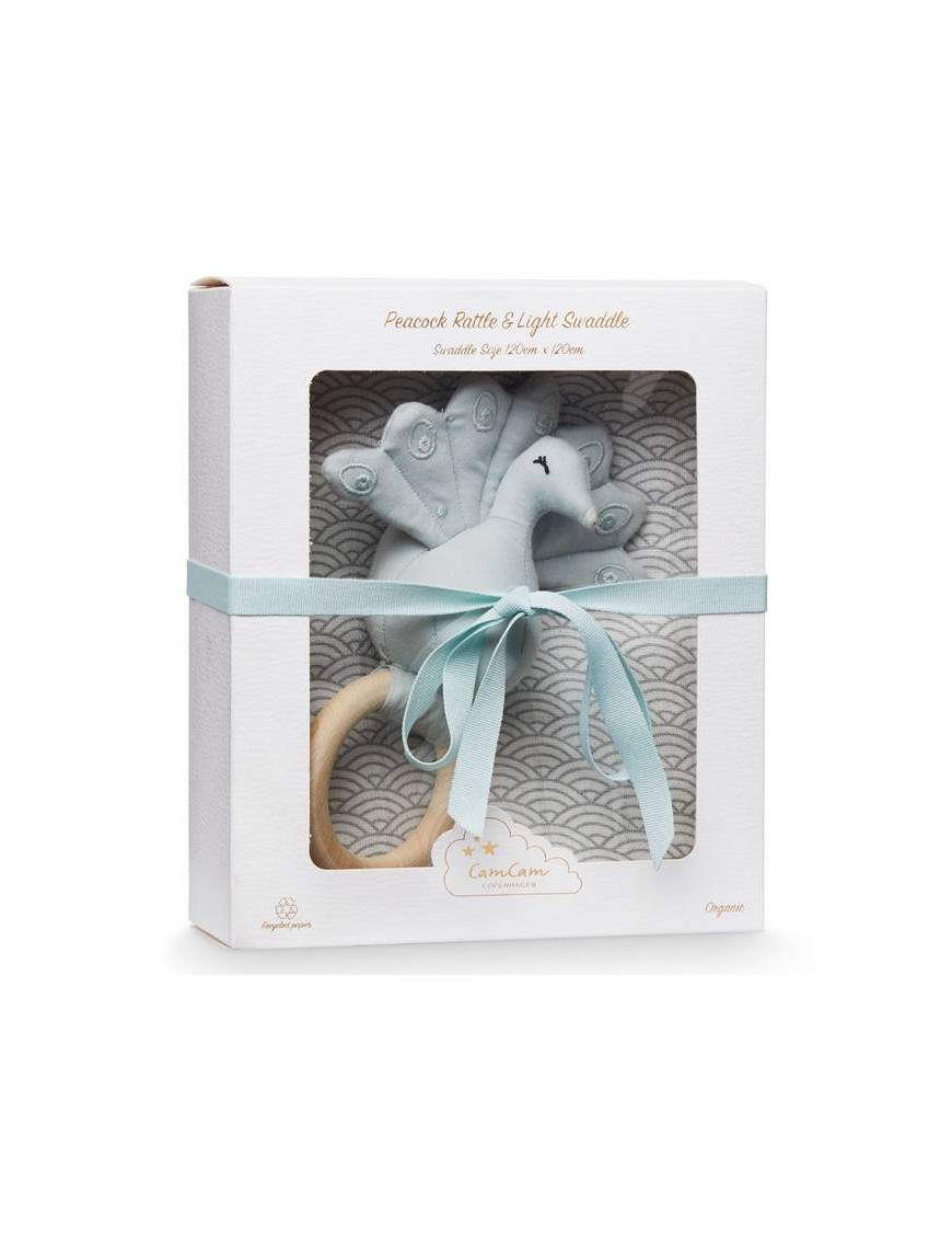 CamCam gift box : swaddle & rattle, grey waves