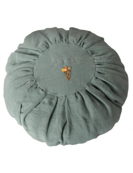 Coussin rond en lin brodé, bleu Maileg