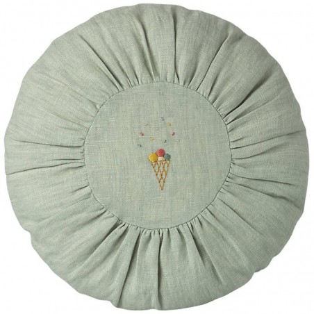 Coussin rond en lin brodé, vert Maileg