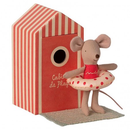 Maileg souris "little sister" dans sa cabine de plage rouge Maileg souris "little sister" dans sa cabine de plage rouge