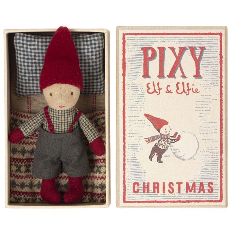 Pixy Elf Boy by Maileg tucked inside his vintage matchbox bed