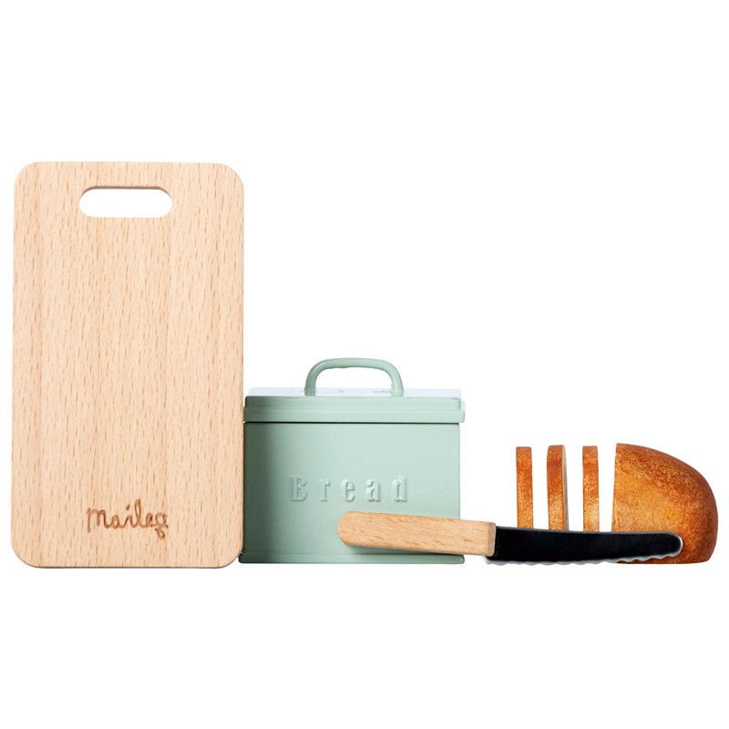 Jouet miniature Maileg boîte à pain avec planche à découper, pain et couteau