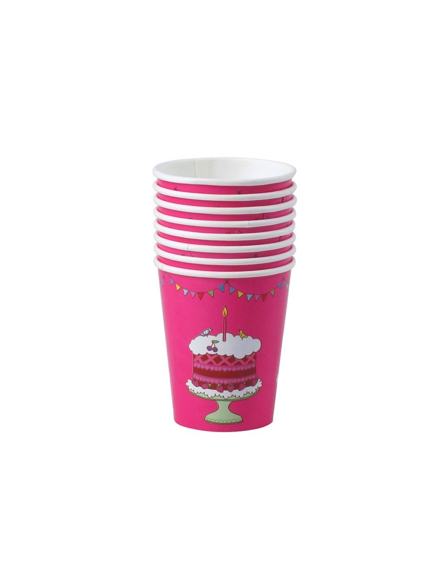 RICE - Lot de 8 Gobelets d'anniversaire en carton - fuchsia