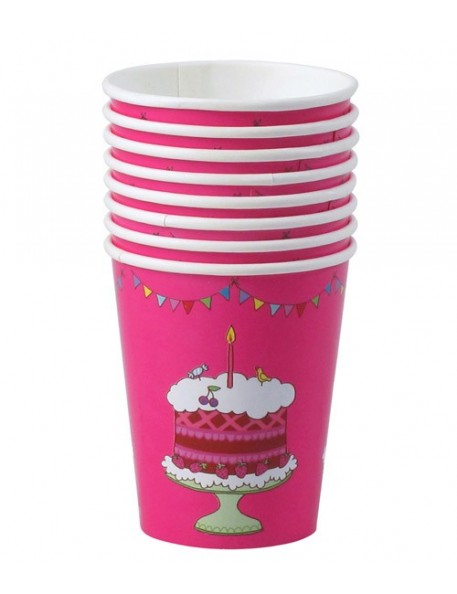 RICE - Lot de 8 Gobelets d'anniversaire en carton - fuchsia